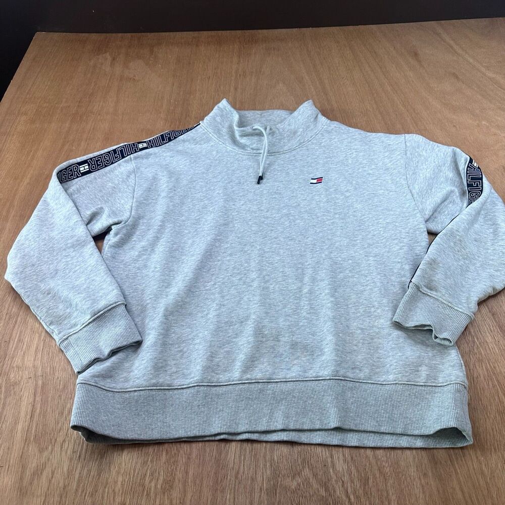 Tommy Hilfiger Sport Sweatshirt Womens L Gray Logo Tape Mock Neck Pullover